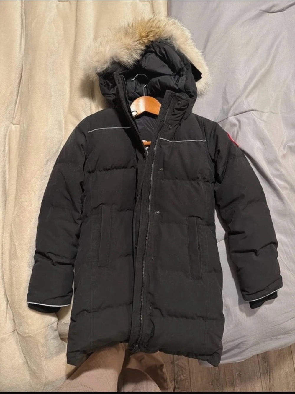 Canada Goose Black Kids Hooded Puffer Coat with Fur Trim